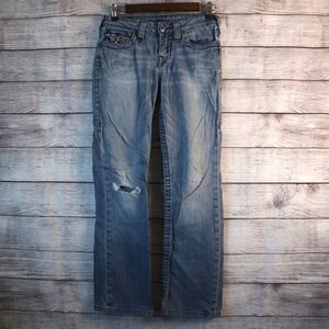 True religion size 27 hi rise boot cut blue denim light wash distressed jeans